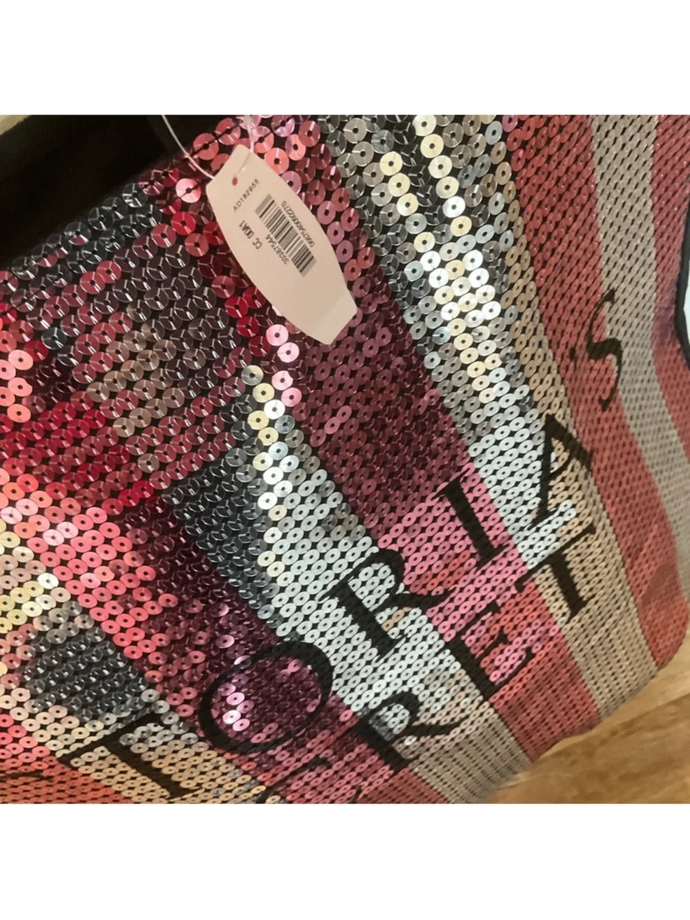 Victoria's Secret Pink and Silver Sequin Stripe Tote